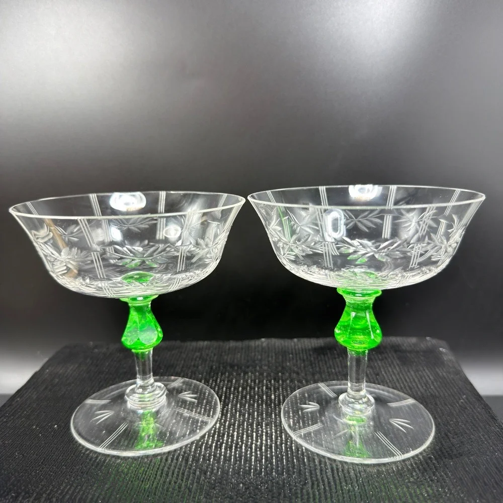Vintage Uranium Glass Etched Laurel Leaf Champagne Coupes Vaseline Stem Cups Set